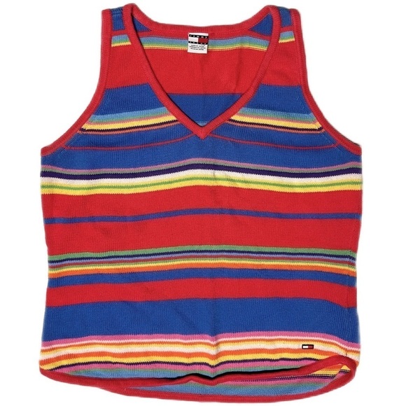 Vintage Y2K Rainbow Stripe Knit Sweater Tank Top V-Neck Made in Japan 2002 Large - Picture 5 of 12
